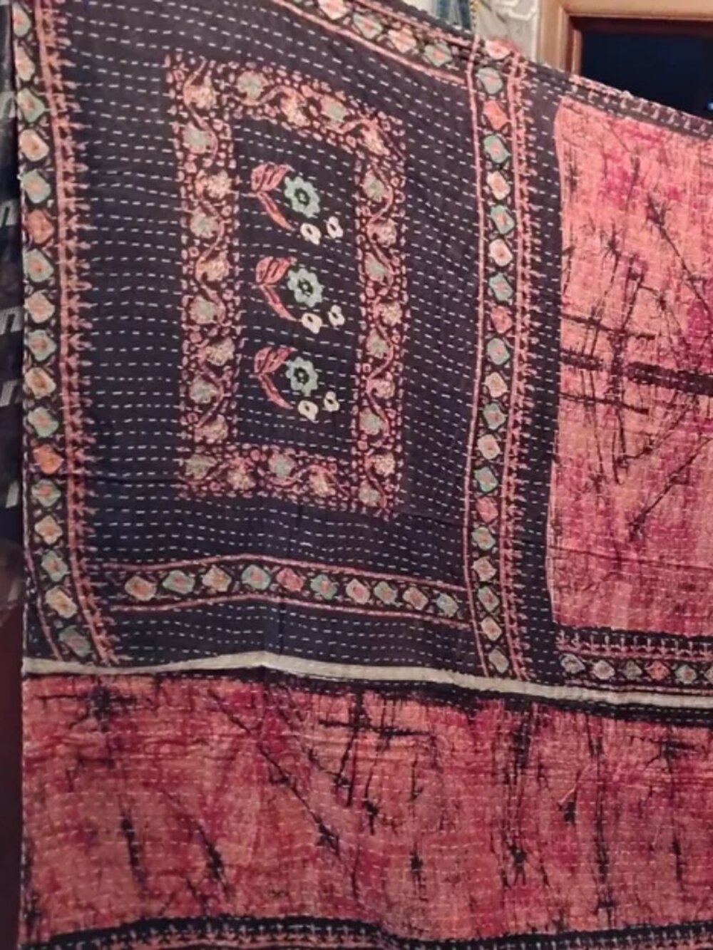 Kantha Quilt Pink Black Red Green Premium 3 Layer Cotton Handmade in India K218.